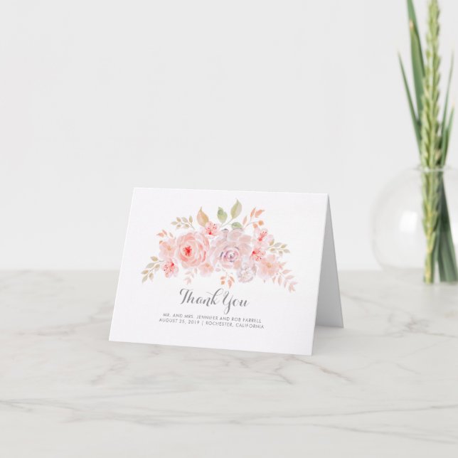 Carte De Remerciements Remerciements de mariage élégants à fleurs roses (Devant)