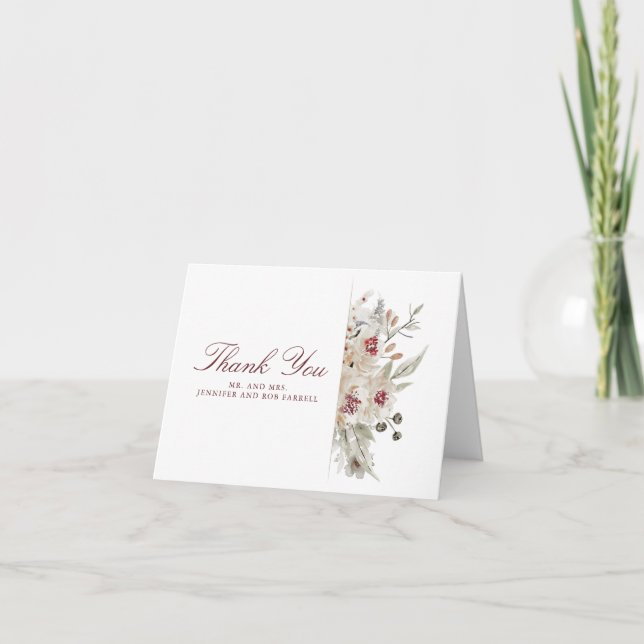 Carte De Remerciements Remerciements de mariage Fleurs Bourgogne et Crème (Devant)