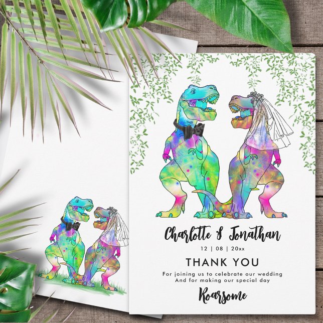 Carte De Remerciements Remerciements de mariage sur le thème des dinosaur (Dinosaur wedding funny colorful T-Rex bride and groom and Jurassic jungle foliage wedding thank you)