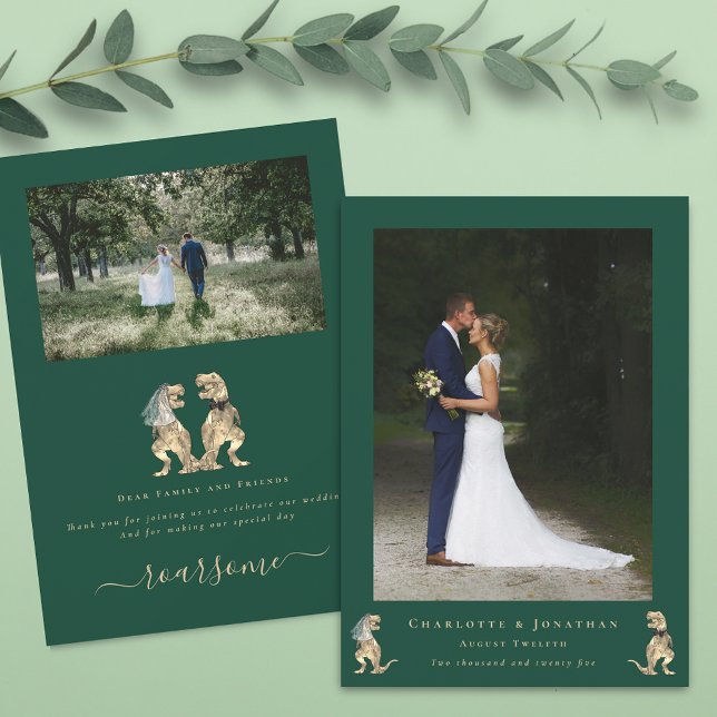 Carte De Remerciements Remerciements de photo de mariage Dinosaur Green (Dinosaur wedding photo thank you card funny T-Rex dino bride & groom elegant modern script green)