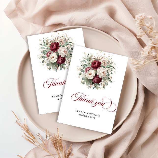 Carte De Remerciements Remerciements Moderne Bourgogne Floral Eucalyptus  (Modern Burgundy Floral Eucalyptus Gold Thank You Card)