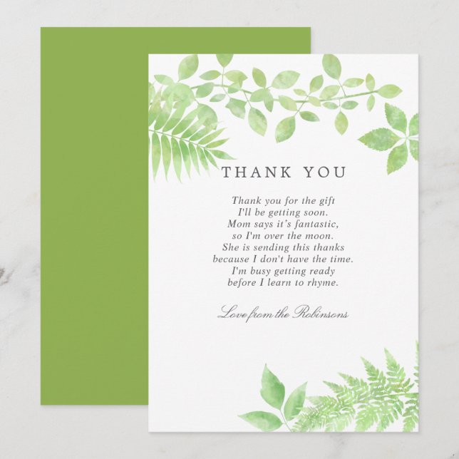 Carte De Remerciements Remerciements pour Baby Shower de greenery à l'aqu (Devant / Derrière)