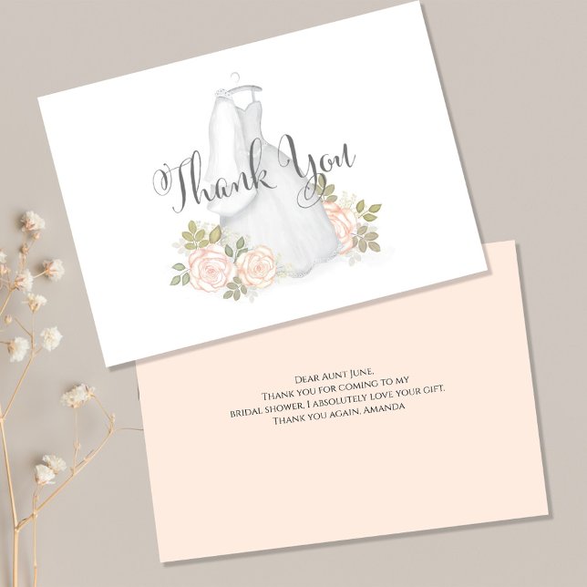 Carte De Remerciements Remerciements pour la robe de mariée pour la fête  (Stylish Thank you postcard with blush pink roses. )