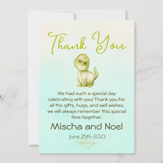 Carte De Remerciements Remerciements pour une Baby Shower Garçon Dinosaur (Devant)