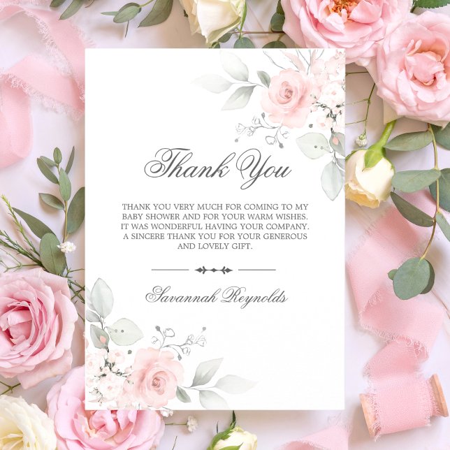 CARTE DE REMERCIEMENTS REMIERCIEMENTS BABY SHOWER ROSES FLEURS ROSE FILLE (THANK YOU BABY SHOWER PINK FLORAL ROSES GIRL)
