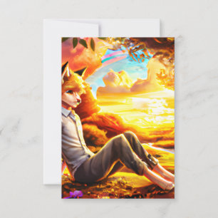 Carte De Remerciements Renard d'Anime Homme en paysage au coucher du sole