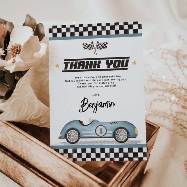 Carte De Remerciements Retro Blue Race Car Boy Fête d'anniversaire (Créateur téléchargé)