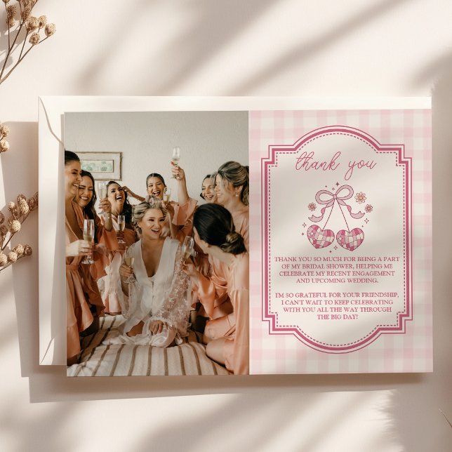 Carte De Remerciements Retro Disco Photo Cute Rose Bow Fête des mariées (Créateur téléchargé)