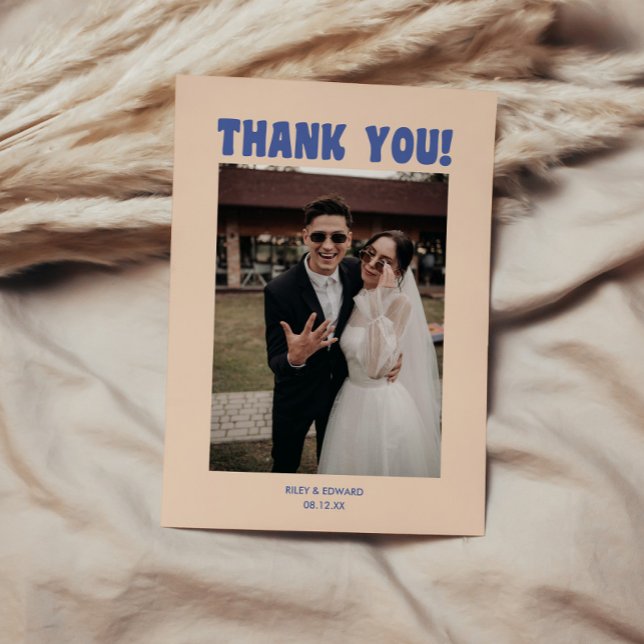 Carte De Remerciements Retro Moderne Bleu & Beige Mariage Photo (Créateur téléchargé)