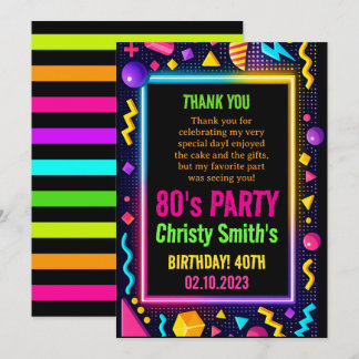 Carte De Remerciements Retro Neon 80s Birthday Adult Party