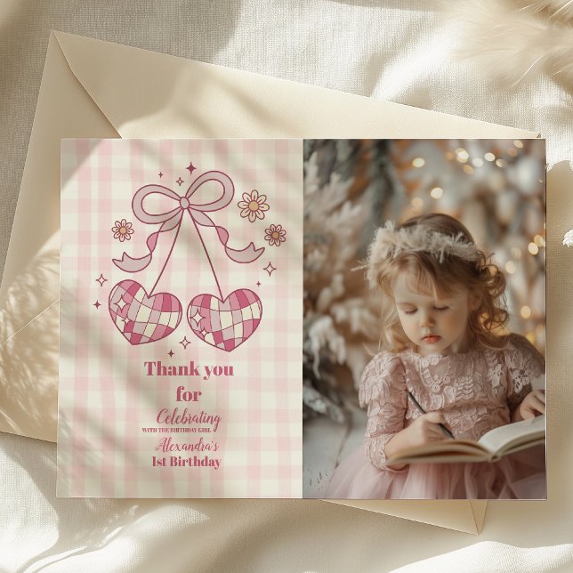 Carte De Remerciements Retro Photo Cute Pink Bow Coquette 1er anniversair (Créateur téléchargé)