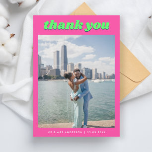 Carte De Remerciements Retro Pink & Lime Minimaliste Photo Mariage Super
