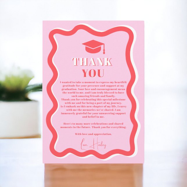 Carte De Remerciements Retro rose courbe squiggle ondulé graduation photo (Retro pink curve squiggle wavy photo graduation thank you card)