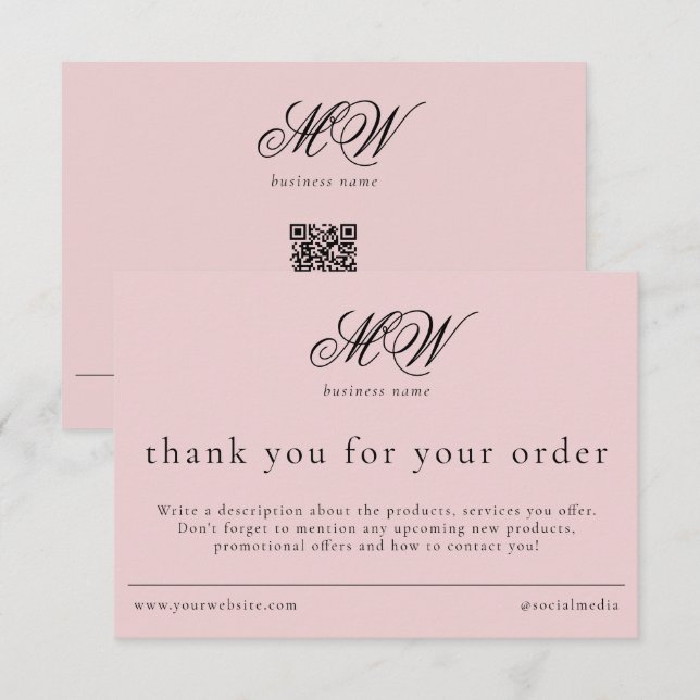 Carte De Remerciements Review Order Packaging Insert Script Monogram Pink (Devant / Derrière)
