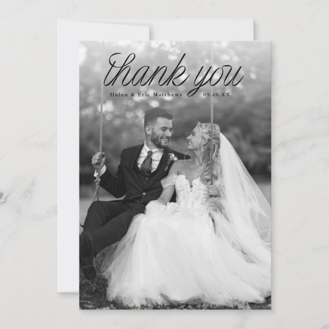 Carte De Remerciements Ribbon Black Script Top Minimalist Wedding Photo  (Devant)