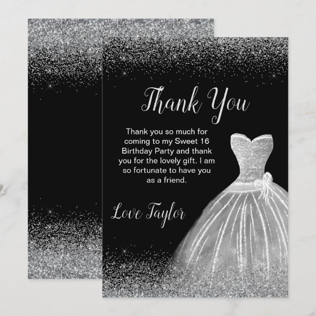 Carte De Remerciements Robe Argent Faux Parties scintillant Douce 16 Anni (Devant / Derrière)