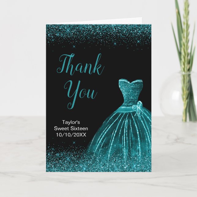 Carte De Remerciements Robe Bleue turquoise Faux Parties scintillant Douc (Devant)