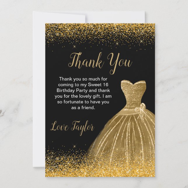 Carte De Remerciements Robe d'or Faux Parties scintillant douce 16 Annive (Devant)