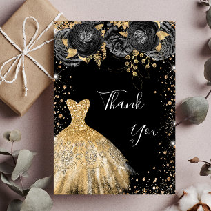 Carte De Remerciements Robe d'or noir floral glamour anniversaire