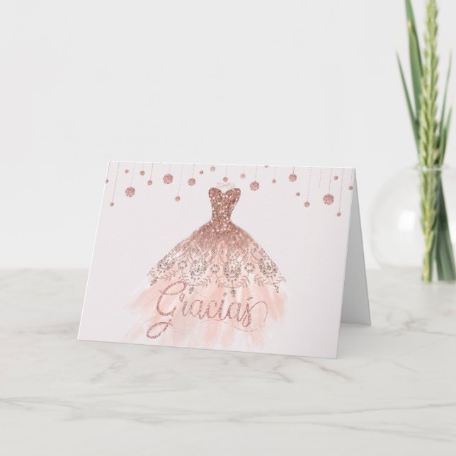 Carte De Remerciements Robe d'or rose Quinceañera 15e anniversaire Gracia (Devant)