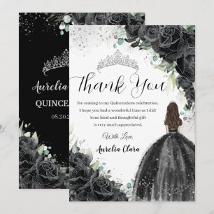 Carte De Remerciements Robe florale noire Silver Quinceañera Sweet 16 XV