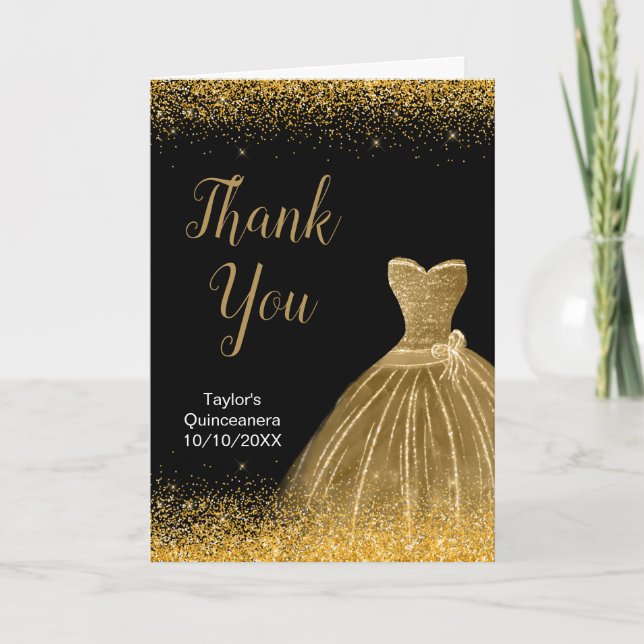 Carte De Remerciements Robe Or Faux Parties scintillant Quinceanera (Devant)