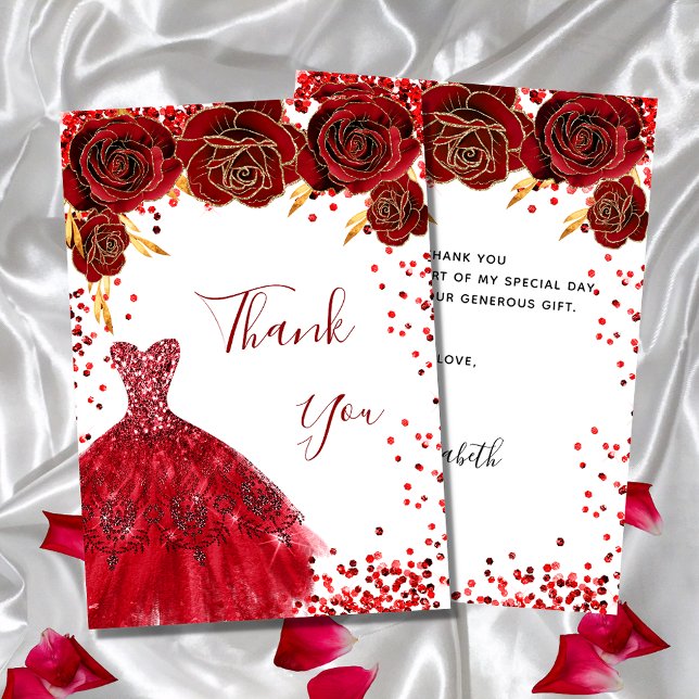 Carte De Remerciements Robe rouge blanc fleuri anniversaire glamour (Créateur téléchargé)
