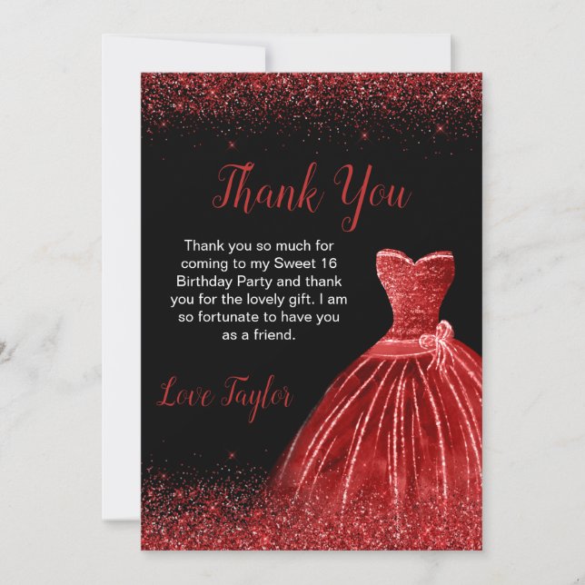 Carte De Remerciements Robe Rouge Lumineuse Faux Parties scintillant Douc (Devant)