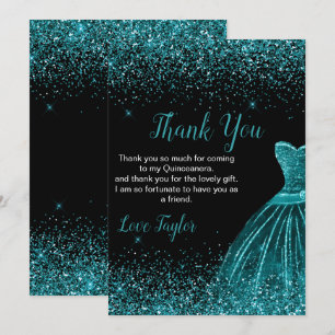 Carte De Remerciements Robe sarcelle bleu pour Quinceanera faux paillette