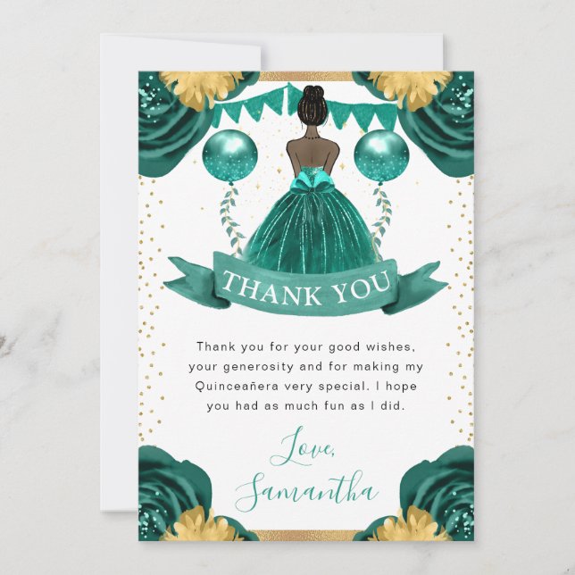 Carte De Remerciements Robe turquoise Peau foncée Princesse Quinceanera (Devant)