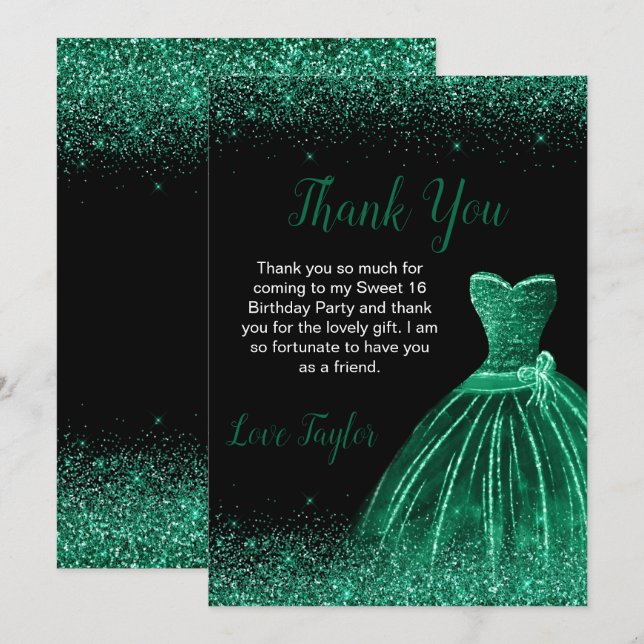 Carte De Remerciements Robe Vert foncé Faux Parties scintillant Douce 16  (Devant / Derrière)