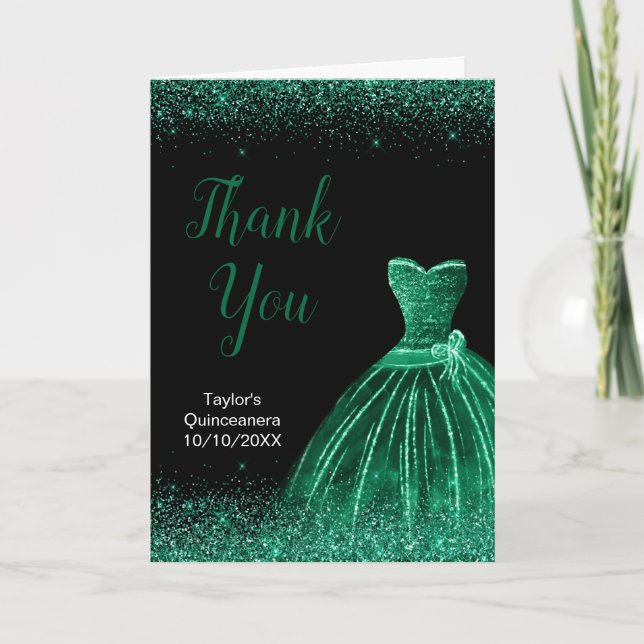 Carte De Remerciements Robe Vert foncé Faux Parties scintillant Quinceane (Devant)