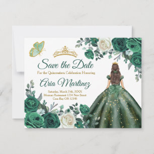 Carte De Remerciements Robe verte Emeraude Quinceañera Enregistrer la dat