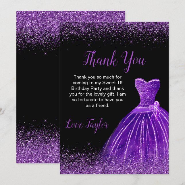 Carte De Remerciements Robe violette foncée Faux Parties scintillant douc (Devant / Derrière)