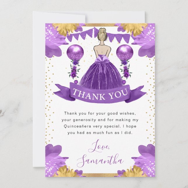 Carte De Remerciements Robe violette princesse blonde Quinceanera (Devant)