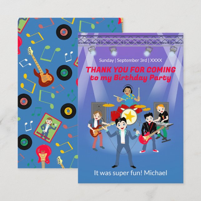 Carte De Remerciements Rock Star Boy Band Anniversaire (Devant / Derrière)