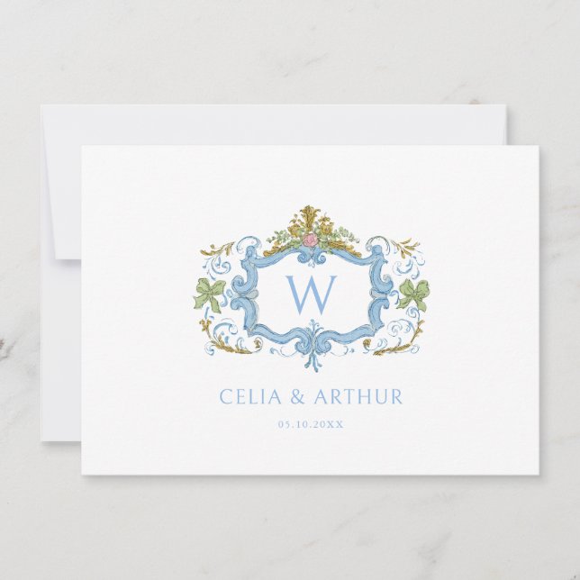Carte De Remerciements Rococo Bleu Monogramme Crête Mariage  (Devant)