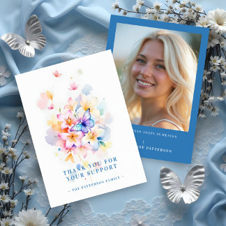 Carte De Remerciements Romantic Blue Floral Butterfly Memorial Photo Card