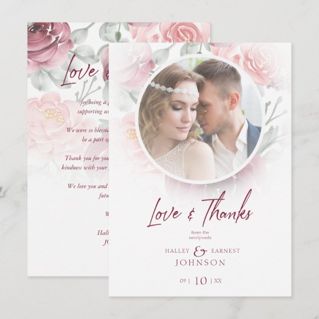 Carte De Remerciements Romantic Modern Classic Floral Pink Shades Photo (Devant / Derrière)