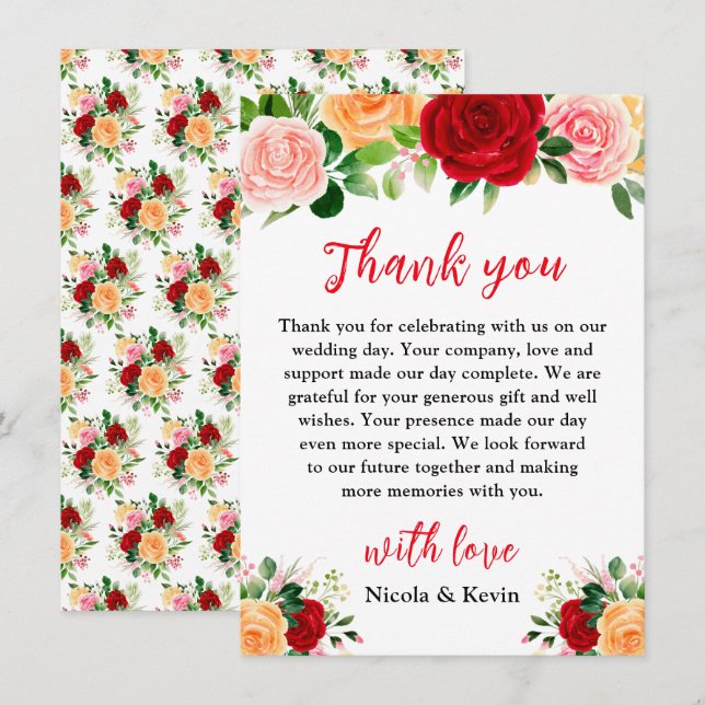Carte De Remerciements Romantic Red and Orange Roses Wedding (Devant / Derrière)