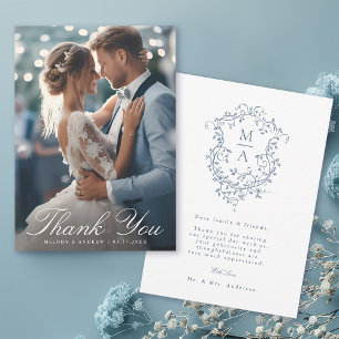 Carte De Remerciements Romantique Français Bleu Floral Crest Mariage Phot