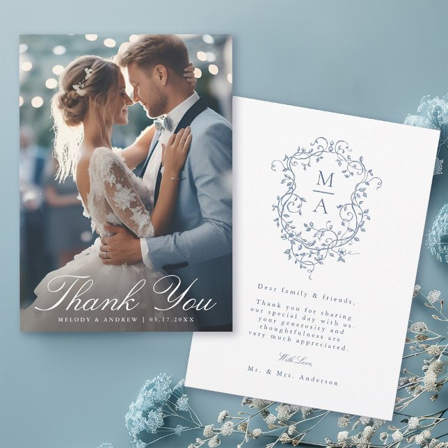 Carte De Remerciements Romantique Français Bleu Floral Crest Mariage Phot (Front & Back)