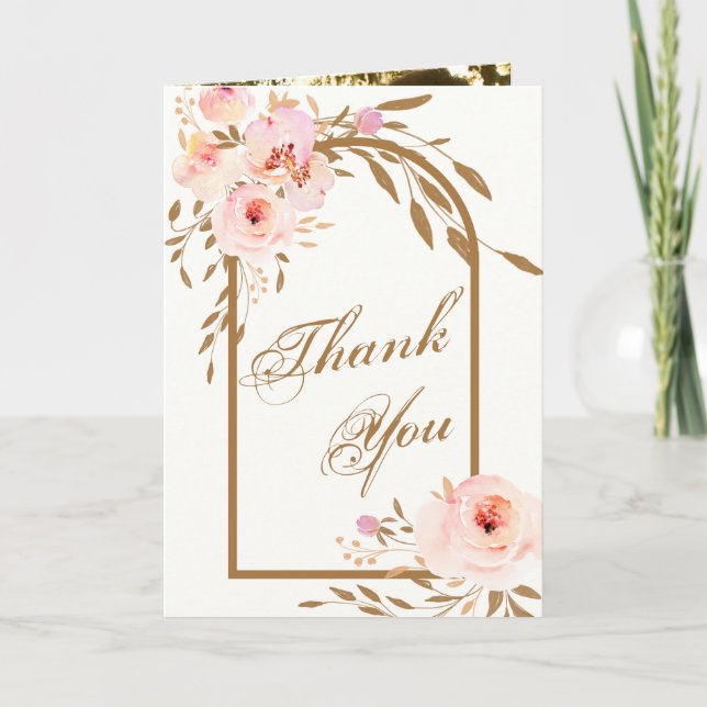 Carte De Remerciements Romantique Rose Blush or Floral Mariage Photo (Devant)