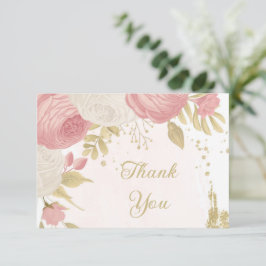 Carte De Remerciements Romantique rose & fleurs blanches or mariage