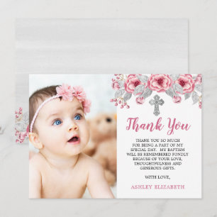 Carte De Remerciements Rose   Aquarelle grise Photo florale Baptême