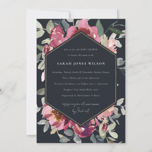 CARTE DE REMERCIEMENTS ROSE BLACK BLUSH BURGUNDY FLORA BABY SHOWER INVITA (Devant)