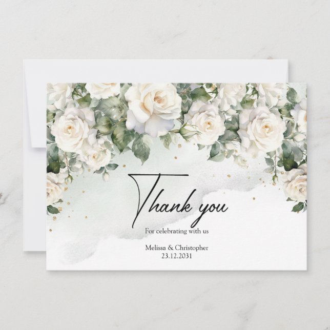 Carte De Remerciements Rose blanche anglaise vert eucalyptus et or (Devant)