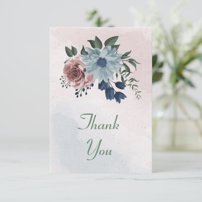 Carte De Remerciements rose, bleu poussiéreux et bleu marine fleurs verdu (Debout devant)