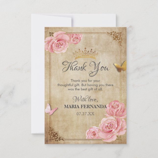 Carte De Remerciements Rose Bleu rose papillon Couronne or Quinceanera (Devant)