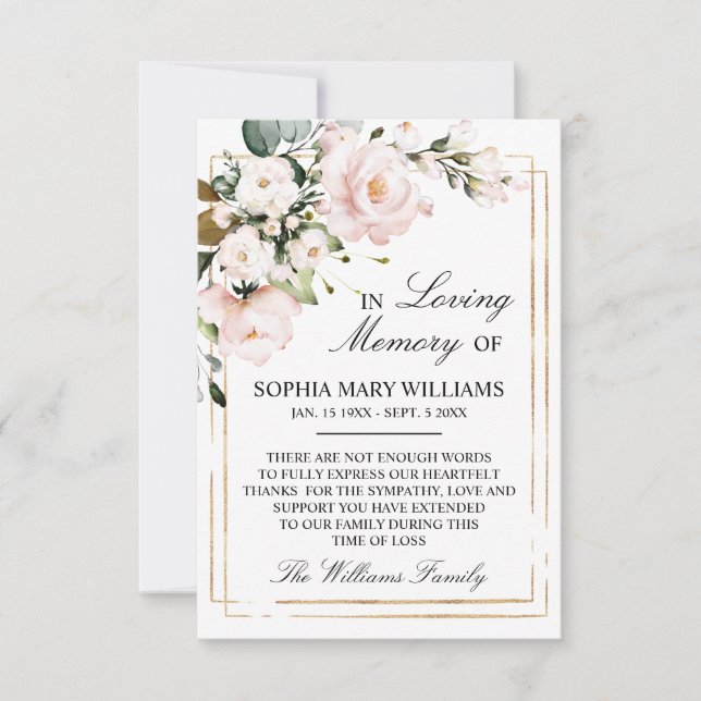 Carte De Remerciements Rose de crème et Feuilles verts Mémoire de Sympath (Devant)